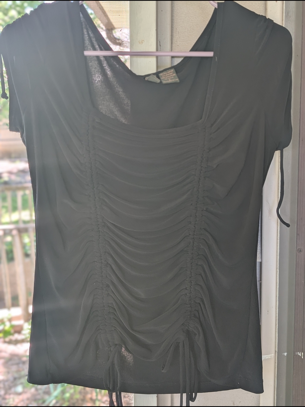 Ruched Tie-Front Short Sleeve Top — Black